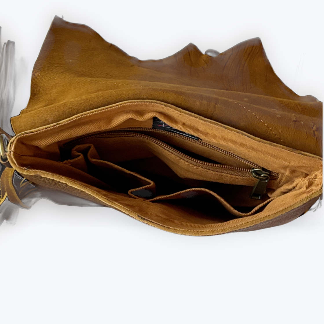 Brown leather bag with open compartments on a white background
