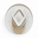 A top-down view of a light beige wide-brim fedora hat with subtle leaf engravings on the brim, set against a plain white background.