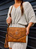 Flapover Crossbody Fringe Bag | Crescent Moon | Brown