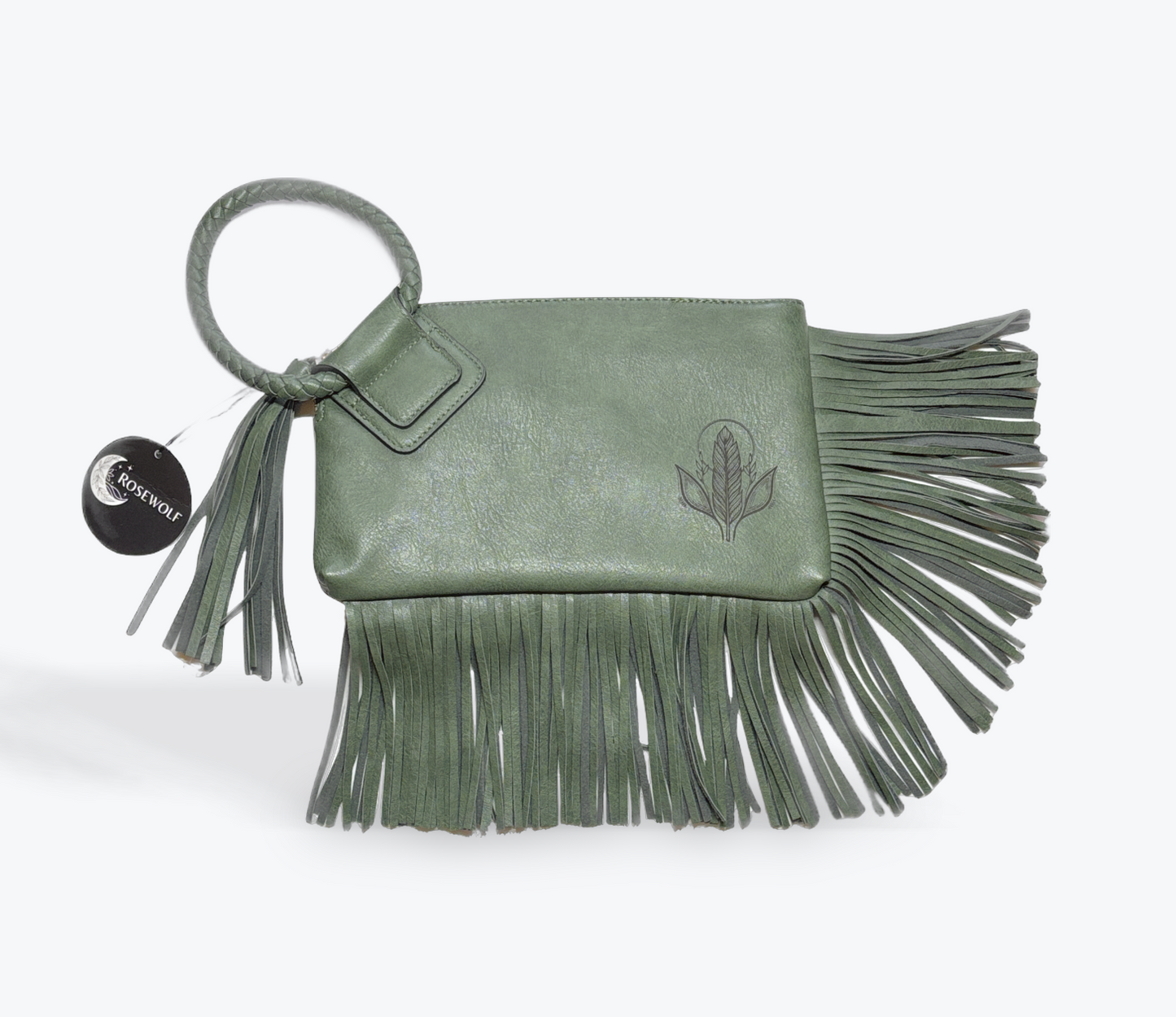 Green fringed clutch bag with a feather and moon design on a white background