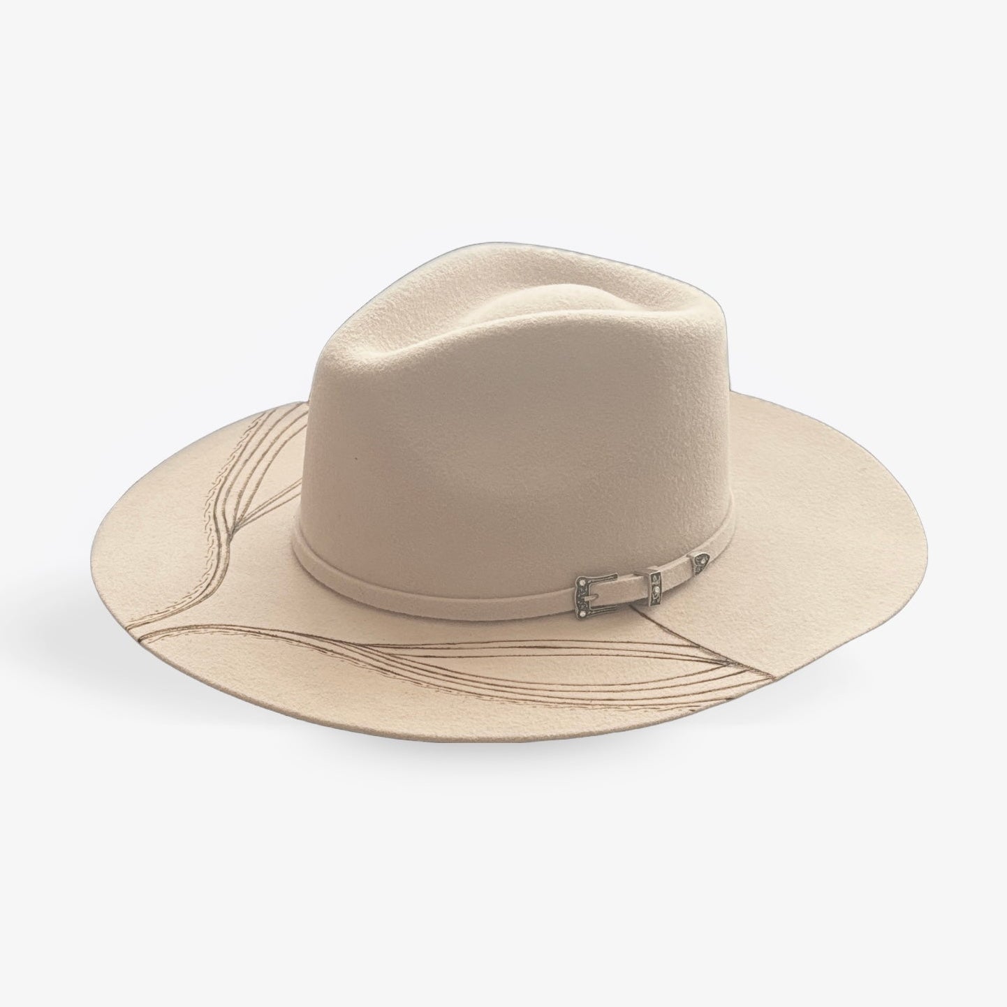 Beige fedora hat with a wide brim on a white background