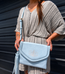 Flapover Crossbody Fringe Bag | Feather Moon | Powder Blue