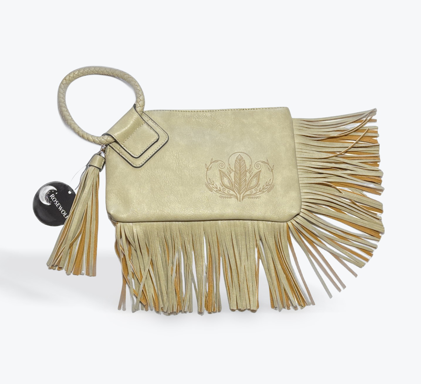 Sage clutch with fringe and cognac under-fringe feather design engraved on clutch surface