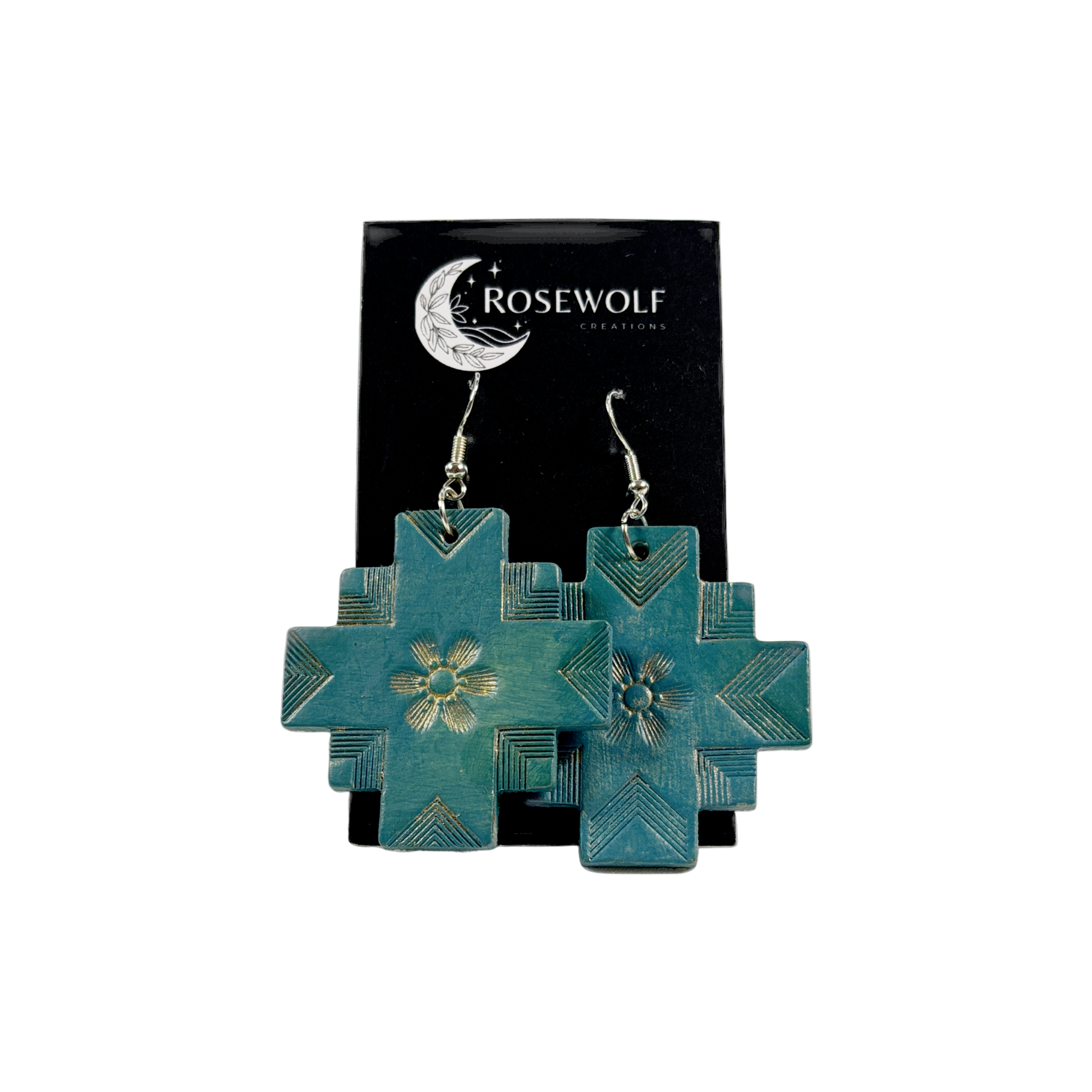 Teal geometric earrings on a Rosewolf branded card against a white background