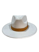 A white felt cowboy hat with a brown leather band, shown from the side against a solid black background.
