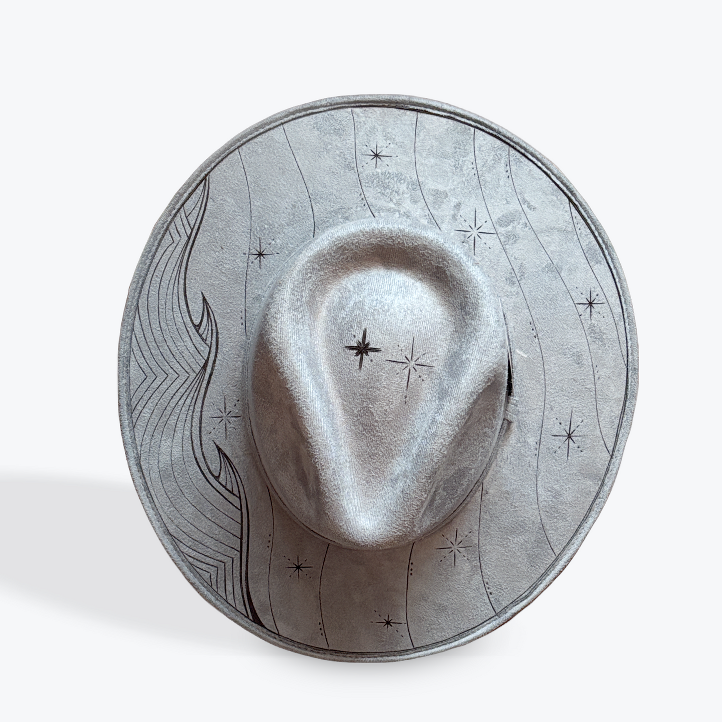 Light blue cowboy hat with star designs on a white background