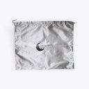 A silver satin drawstring bag with a black crescent moon and the word 'ROSEWOLF' printed in the center, shown on a plain white background.