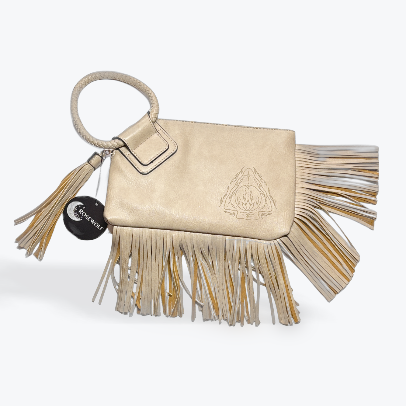 Taupe handbag with fringe on a white background