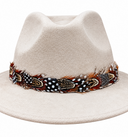 A light beige felt fedora hat featuring a decorative band of brown, black, white, and orange feathers around the crown, shown against a plain white background.