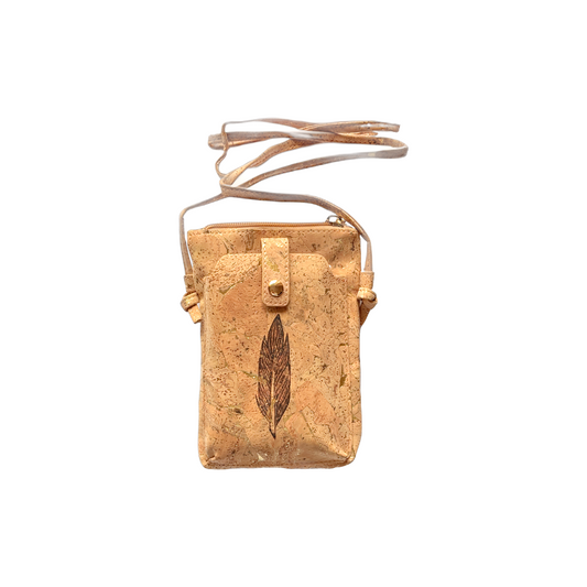 Cork crossbody bag with a feather design on a white background