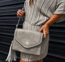 Flapover Crossbody Fringe Bag | Feather Moon | Grey